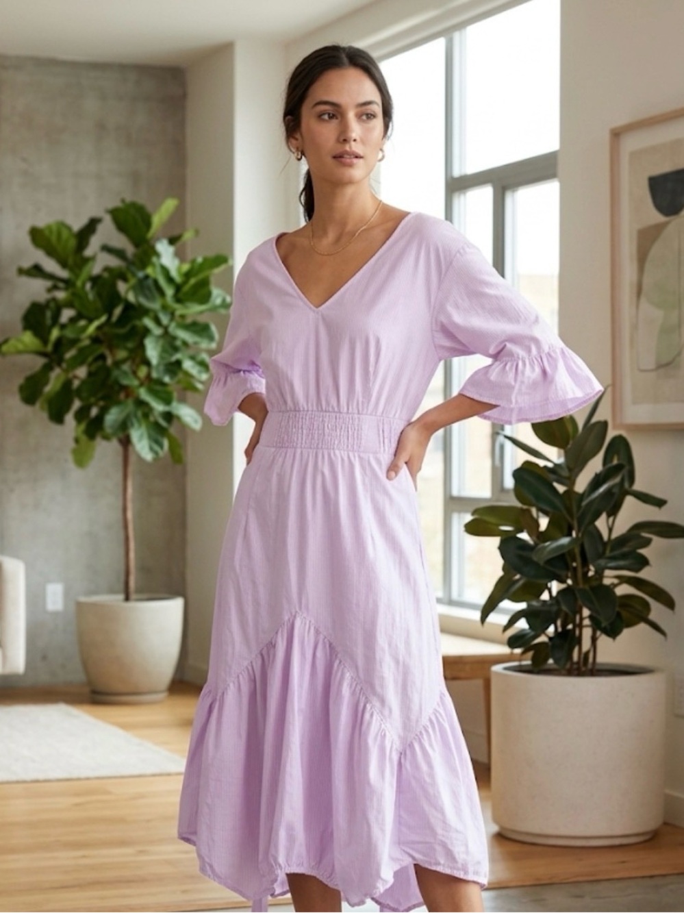 Shakti Light Lavender V-Neck Smocked-Waist Midi Dress